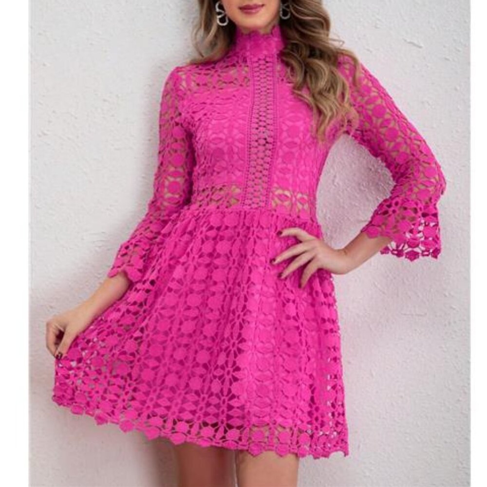 NEW - Elegant Hot Pink Women Stand Collar Flared Sleeve Hollow Lace‎ - Picture 6 of 6